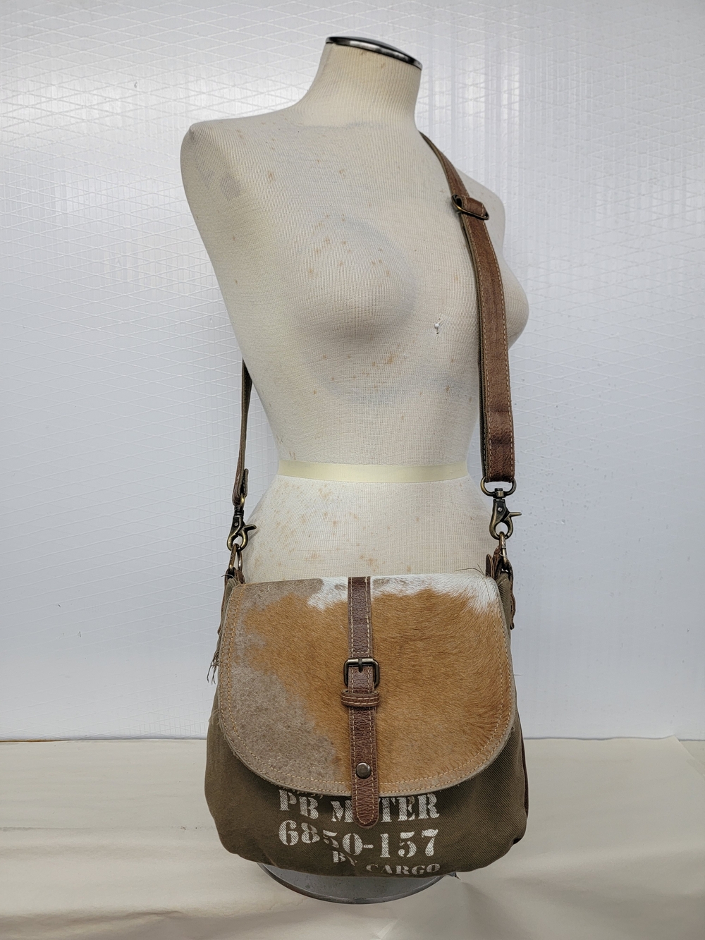 Myra Bag Canvas & Leather Hide Crossbody Bag Upcycled Military Canvas - Picture 3 of 12